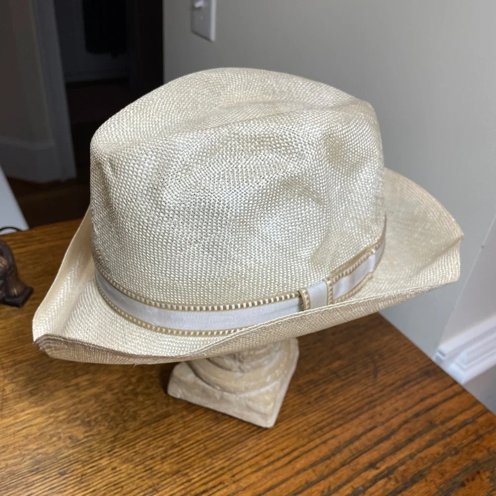 Stetson Straw Fedora Hat Cream Off White Woven Panama Style Size 7 5/8 61cm Luxe - Picture 8 of 15